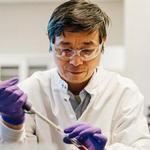 A male IALR Scientist wearing goggles and gloves conducts endophyte research. 