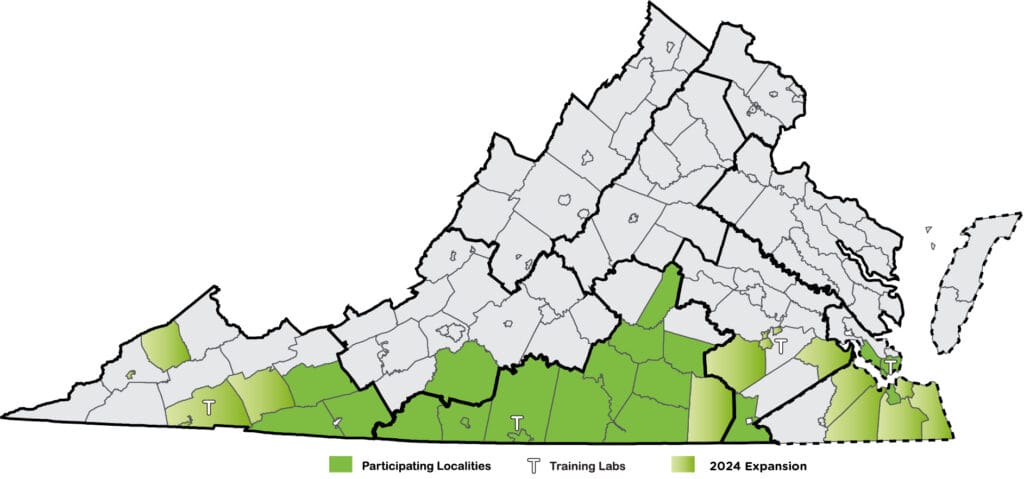 A map of Virginia showing participating localities and training labs for the GO TEC program. 
