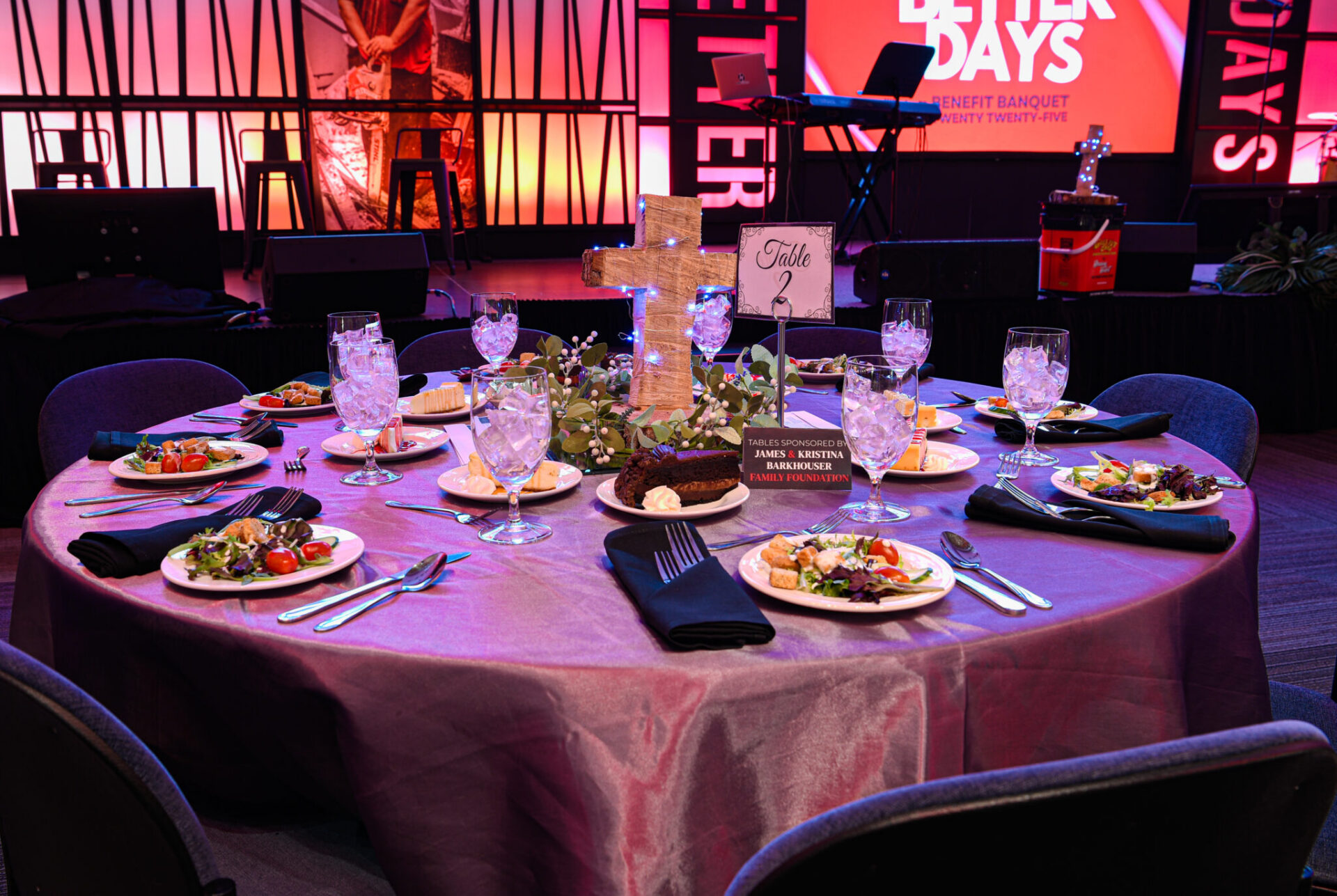 A dinner table set for an event.